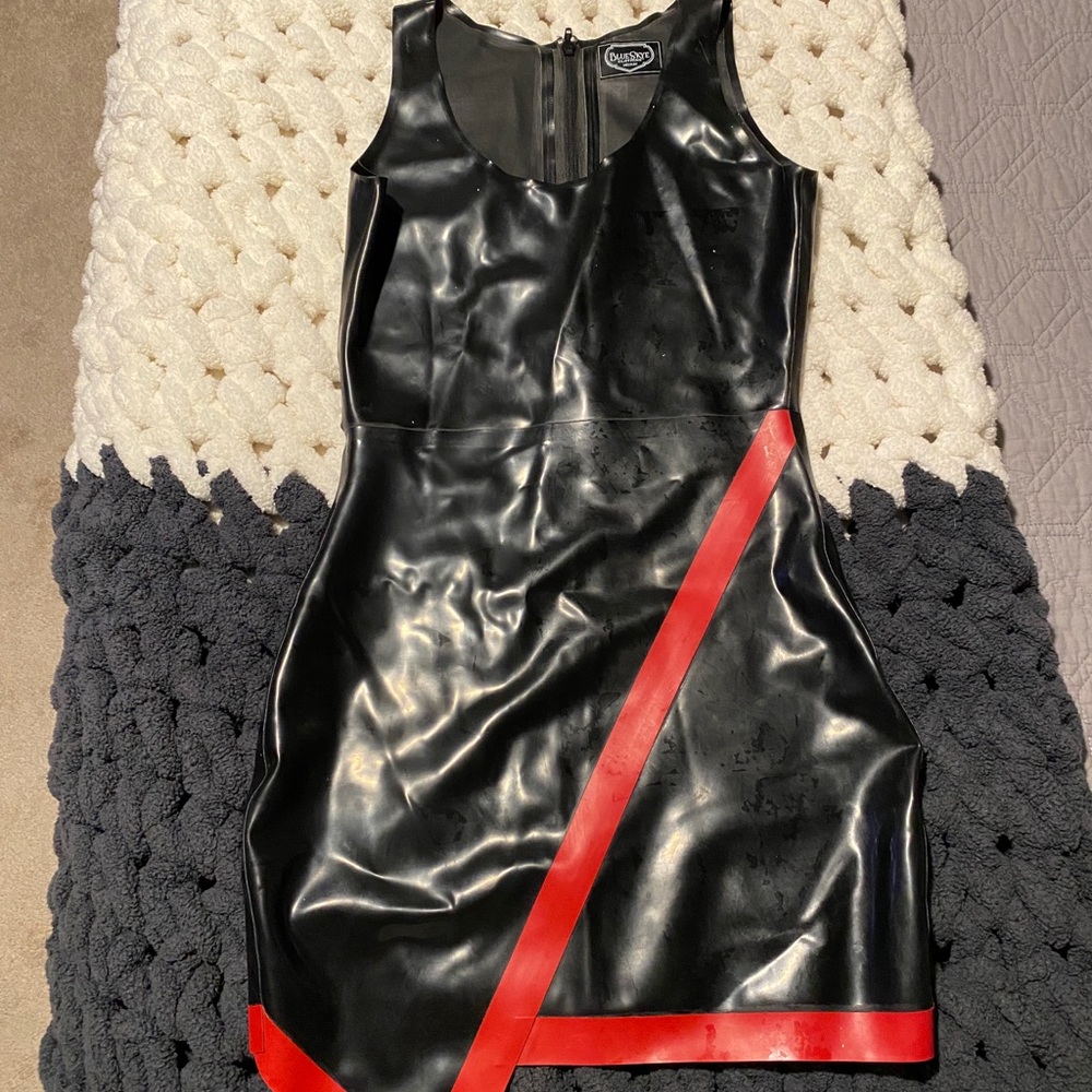 Latex rubber black dress with red trim Medium